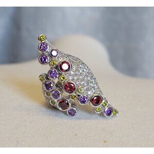 Silver Tone Green Red Purple Rhinestone Cocktail Statement Ring Size 6 R1